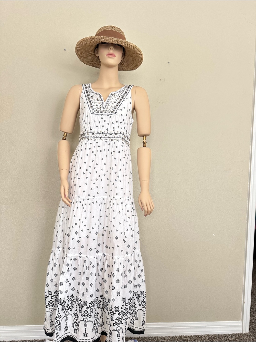 Style & Co Petite Cotton Tiered Boho Maxi Dress Studded Embroidered White 6P